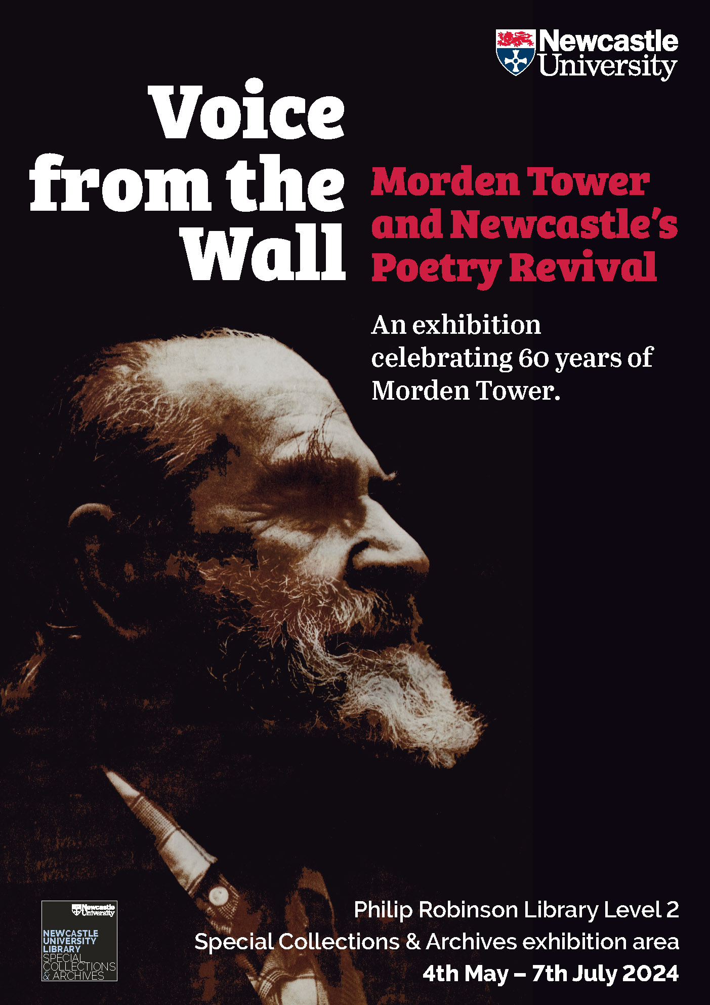 A poster from the Morden Tower exhibition, with a portrait of the poet Basil Bunting on a black background